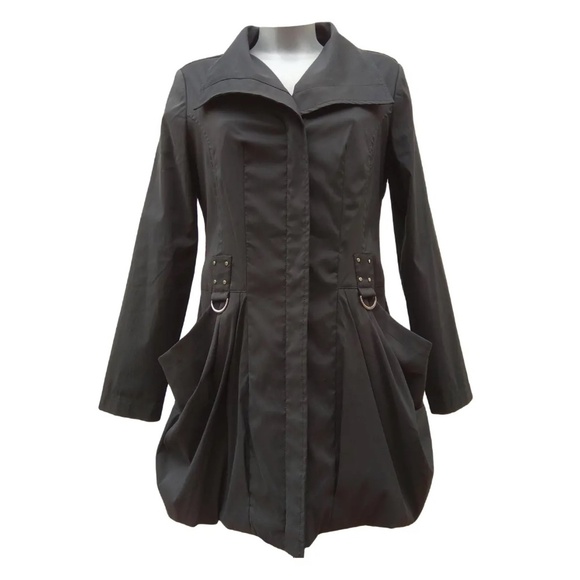 Joseph Ribkoff Y2K Trench coat Bubble hem Mobwife Oversized pockets Black Sz 12 - Picture 2 of 14